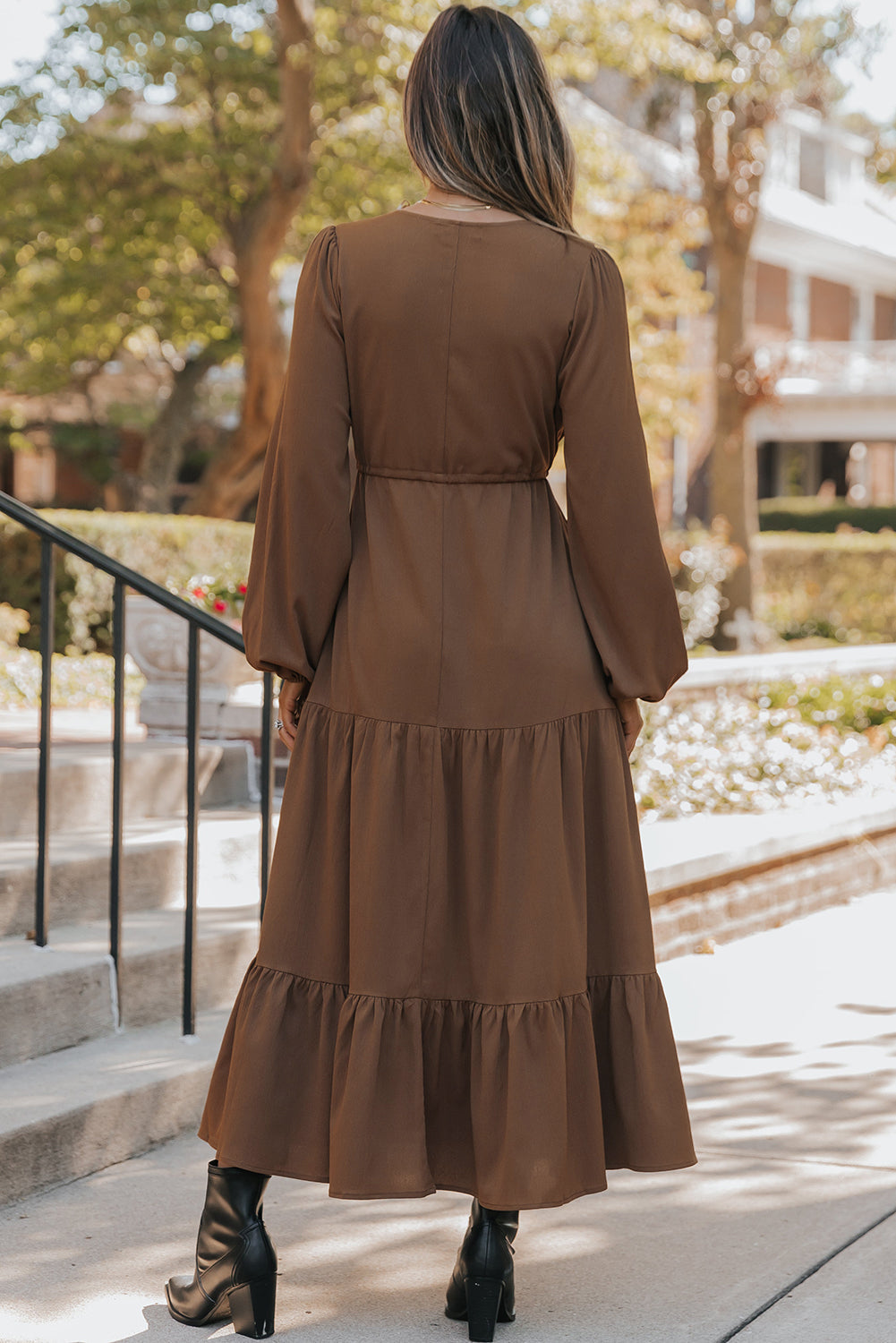 Solid Buttoned V-Neck Long Sleeve Tiered Maxi Dress