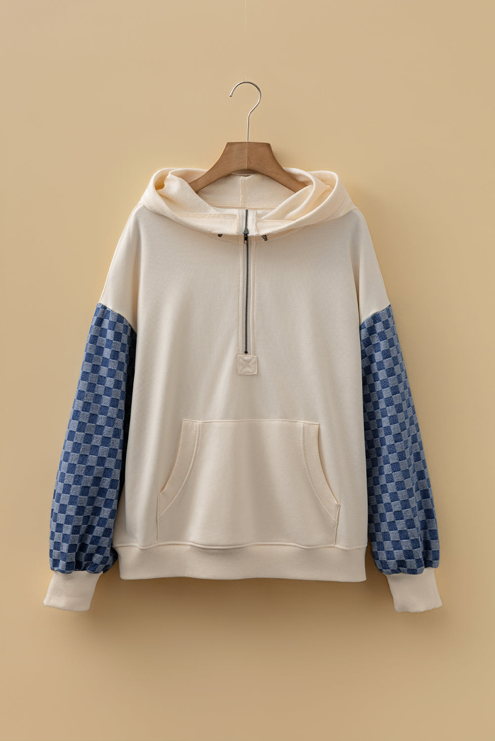 Checker Patchwork Kangaroo Pocket Half-Zip Hoodie