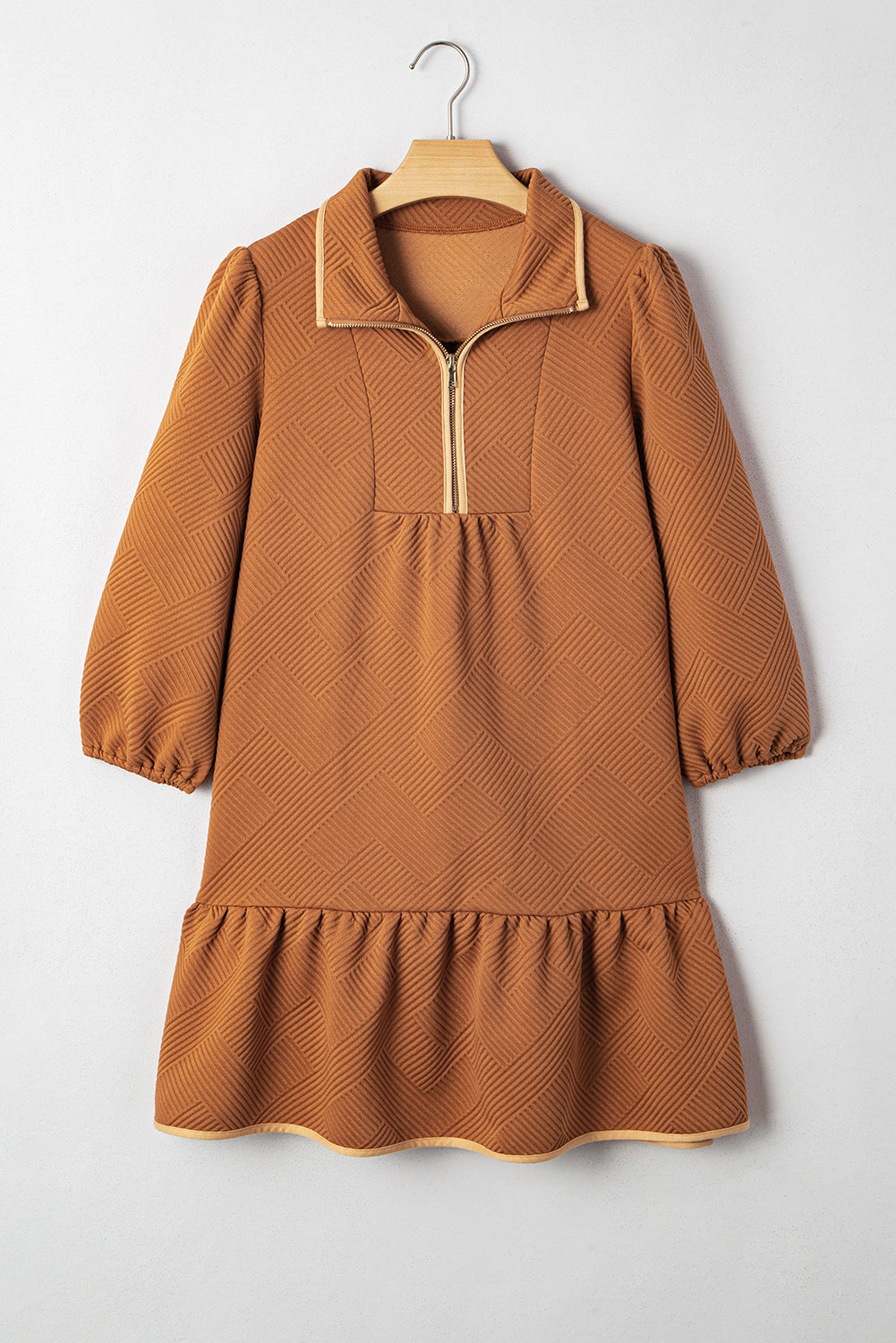 Textured Quarter Zip Collar 3/4 Sleeve Mini Dress