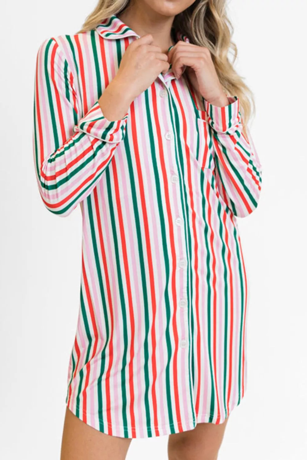 Striped Button Front Long Sleeve Shirt Dress
