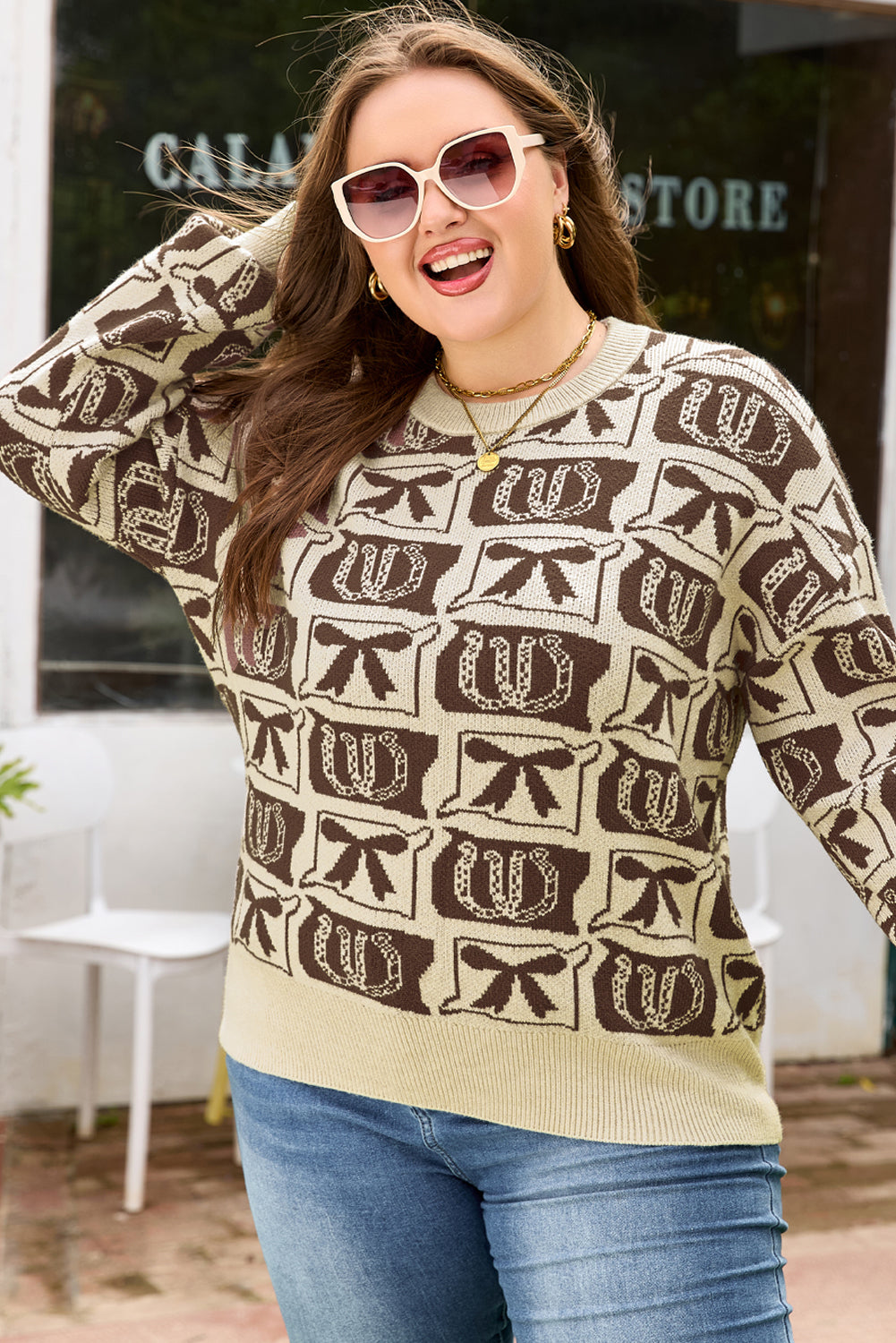 Plus Size Western Bows & Horseshoes Long Sleeve Sweater