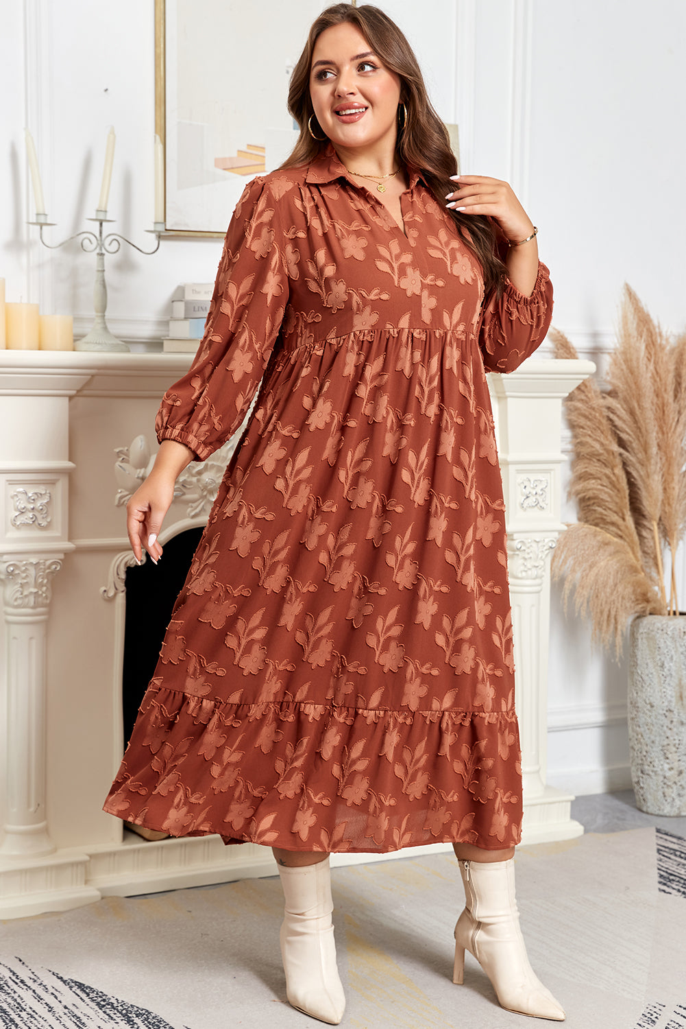 Plus Size Floral Ruffle Hem 3/4 Sleeve Maxi Dress