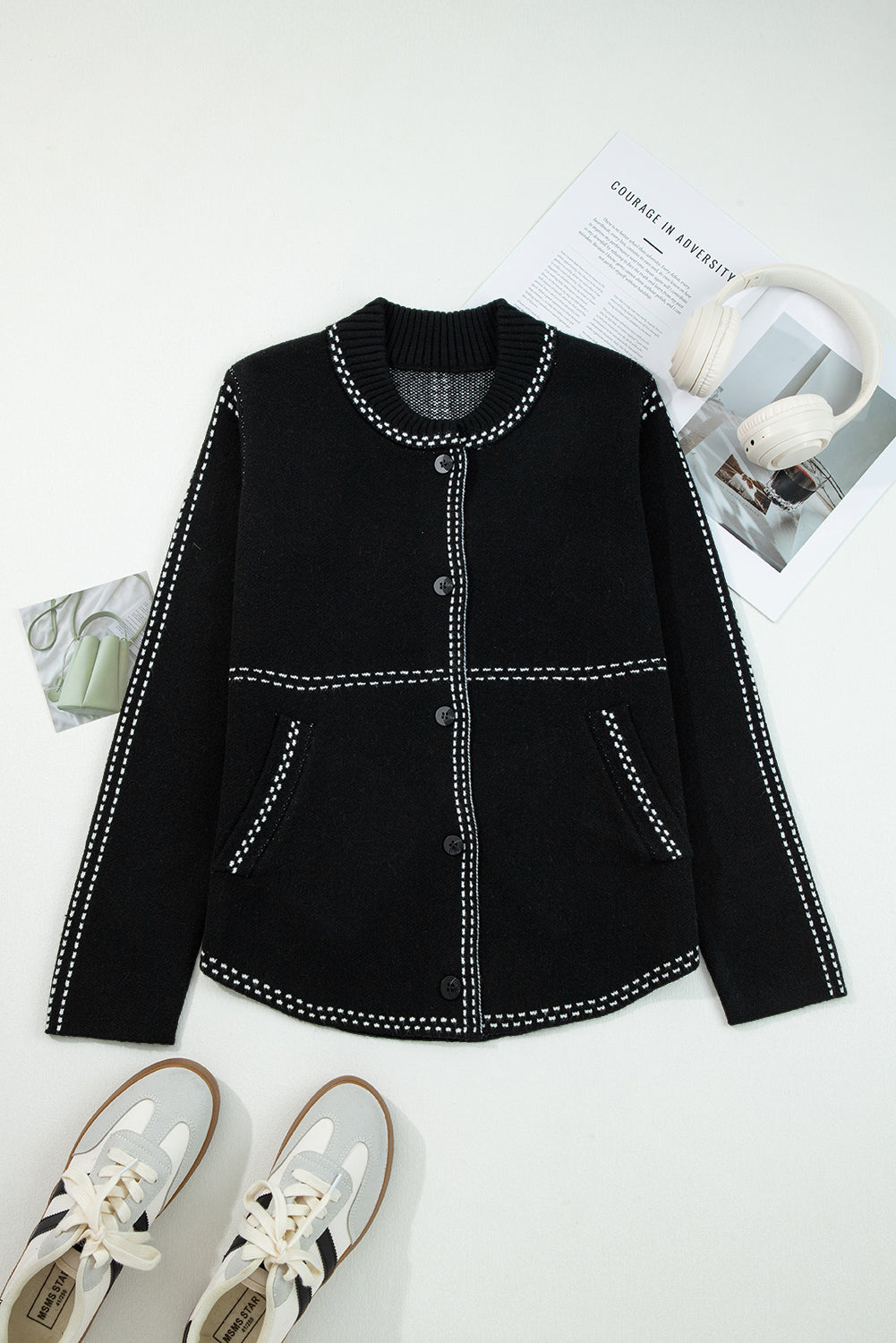 Contrast Trim Button-Up Sweater Cardigan