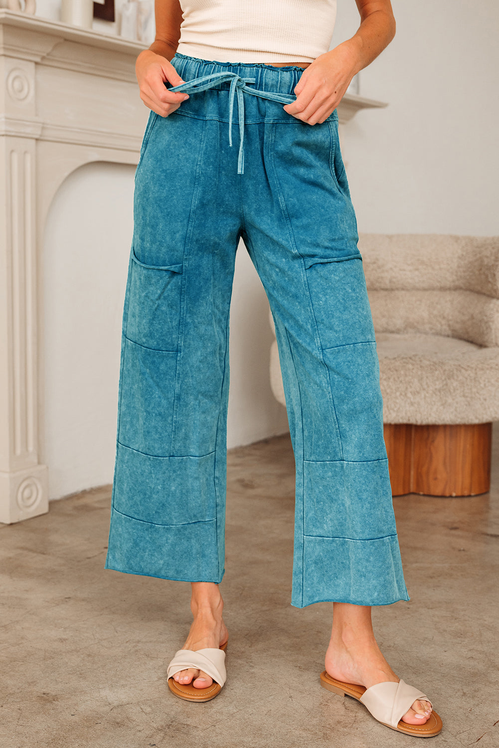 Mineral Wash High Waist Raw Hem Pants