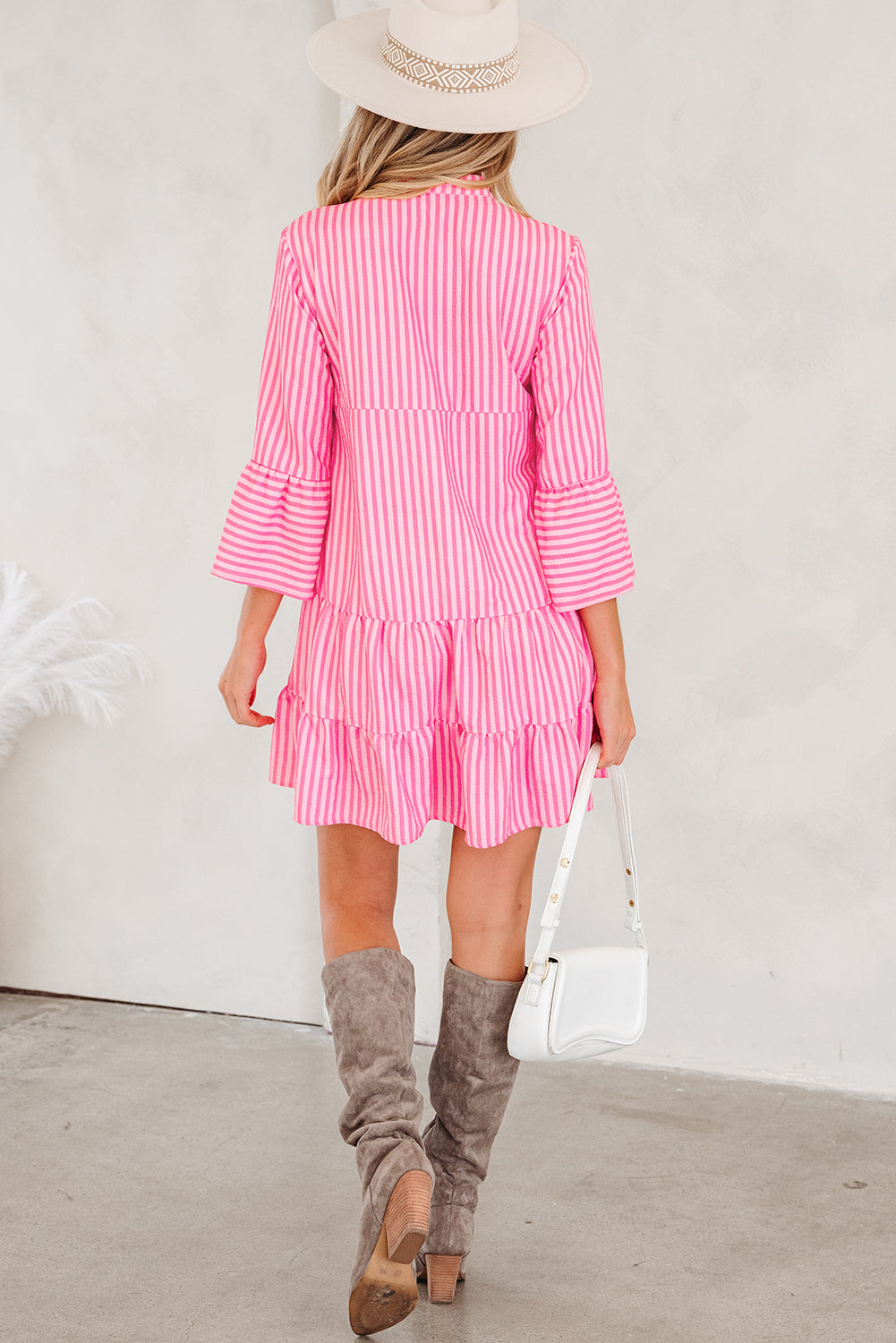 Stripe V-Neck Flare Sleeve Tiered Mini Dress