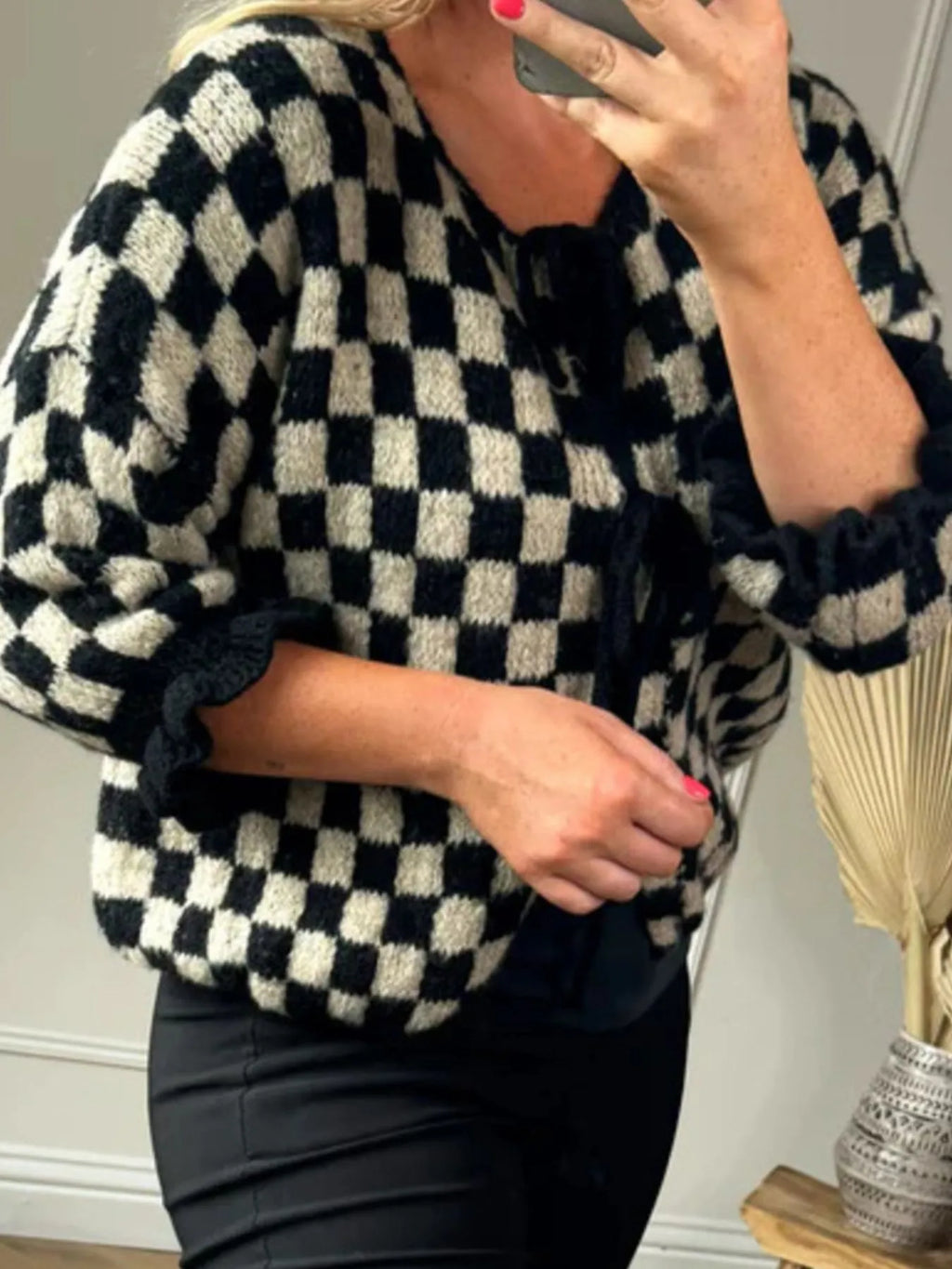 Checkered Tie-Front Knit Cardigan