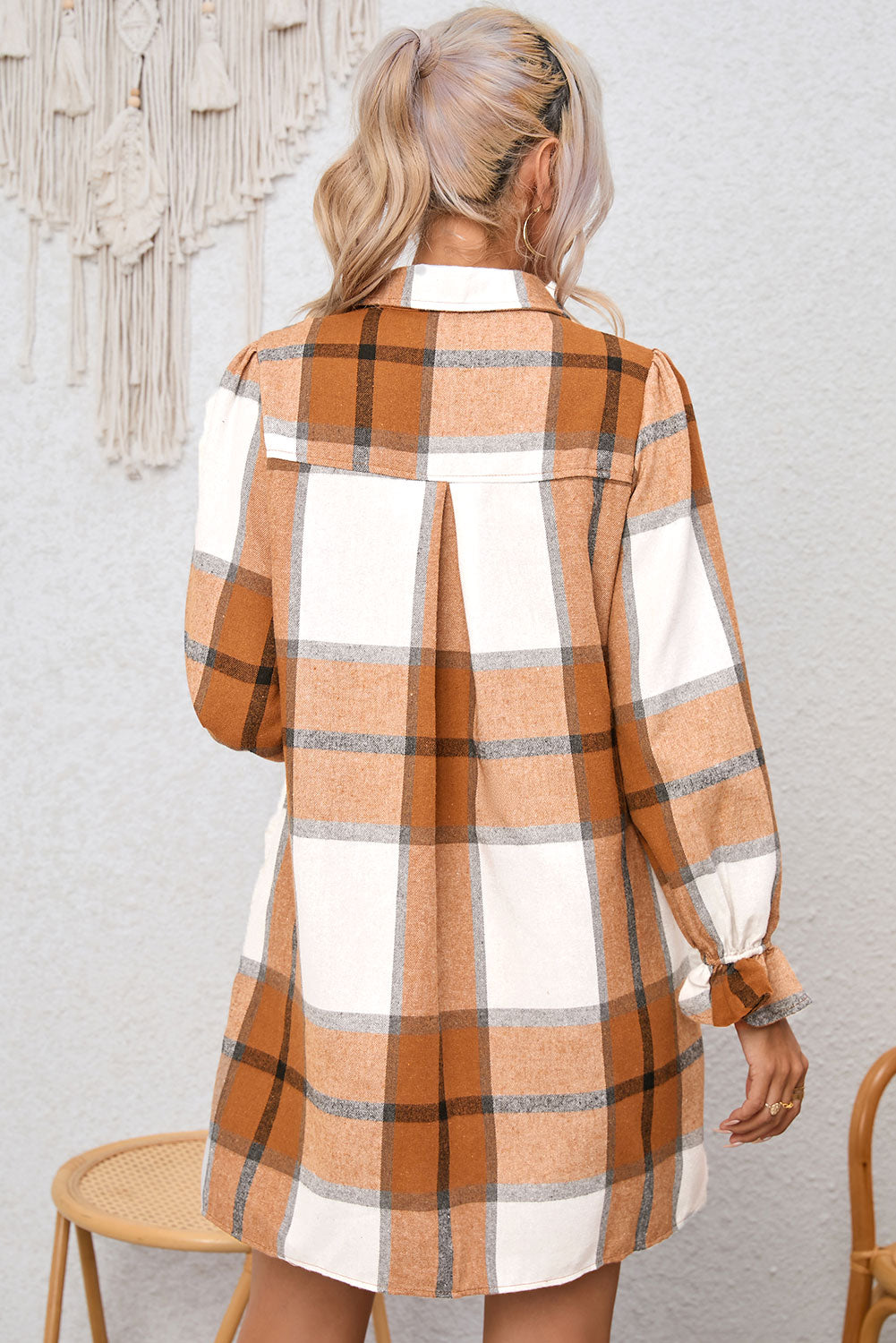 Plaid Collared Neck Ruffle Sleeve Shirt Dress