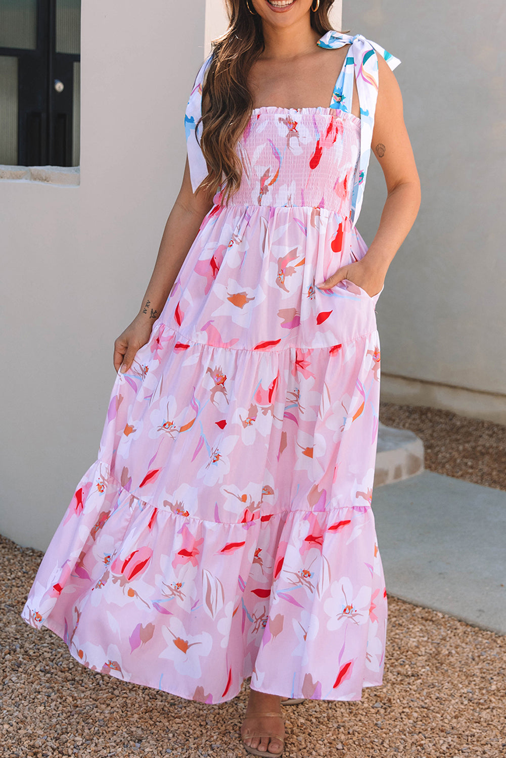 Floral Knotted Shoulder Smocked Maxi Dress