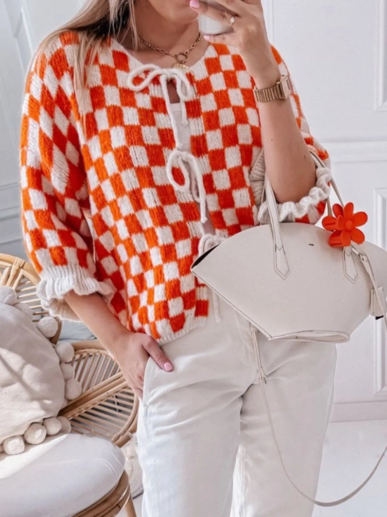 Checkered Tie-Front Knit Cardigan