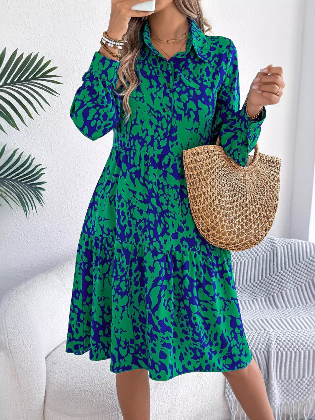 Printed Collared Neck Long Sleeve Dress