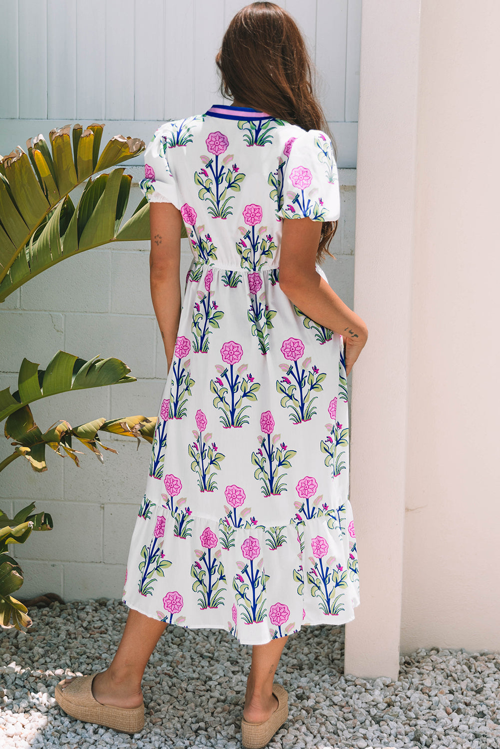 Floral Puff Sleeve V-Neck Maxi Dress