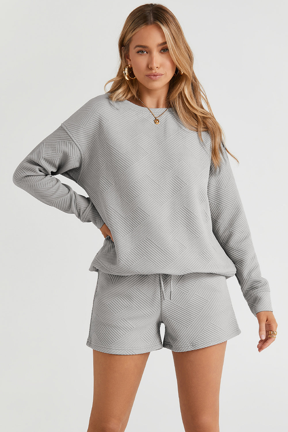Textured Long Sleeve Top and Drawstring Shorts Set