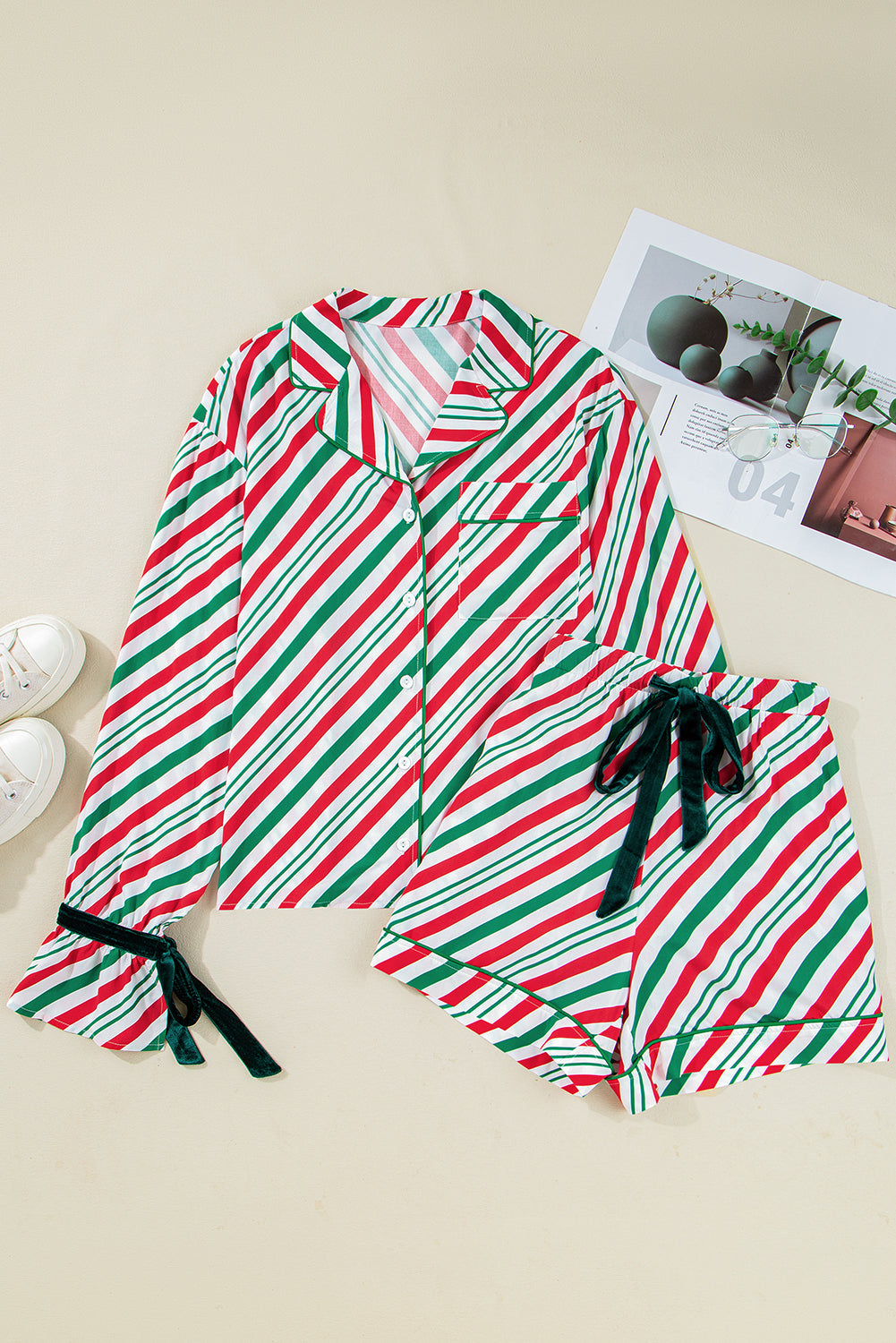 Christmas Stripe Velvet Bow Cuffs Pajama Set