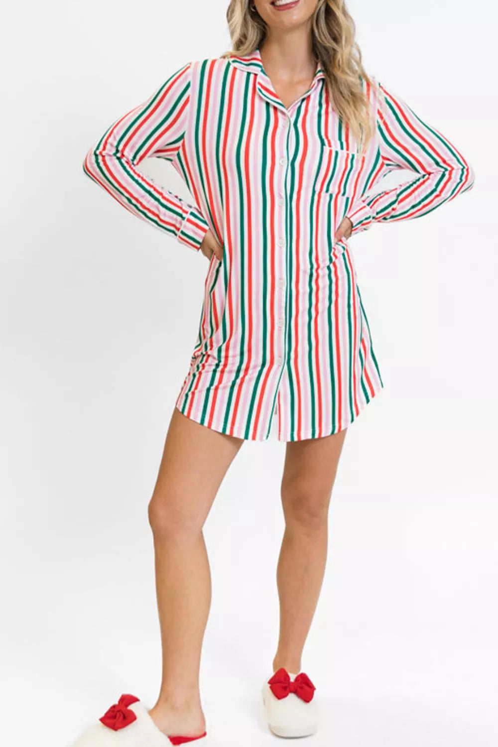 Striped Button Front Long Sleeve Shirt Dress