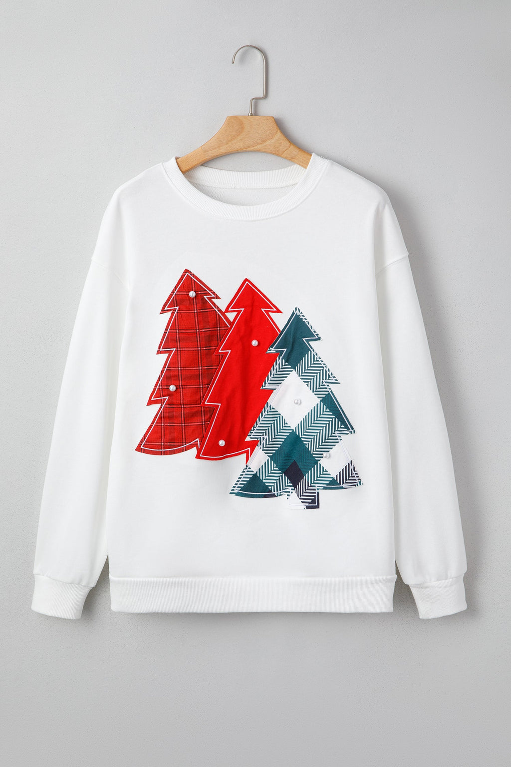 Christmas Tree Pearl Plaid Patch Drop Shoulder Sweatshirt