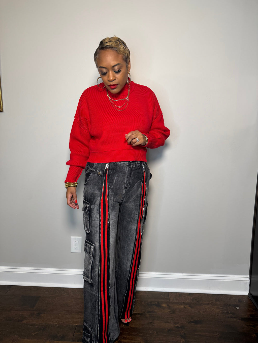 Black & Red Retro Front-Zip Baggy Denim Jeans