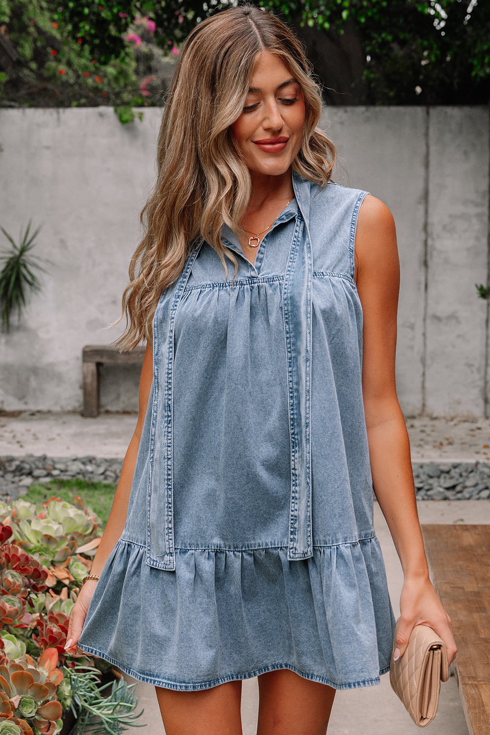 Chambray Bow Neck Sleeveless Ruffle Dress