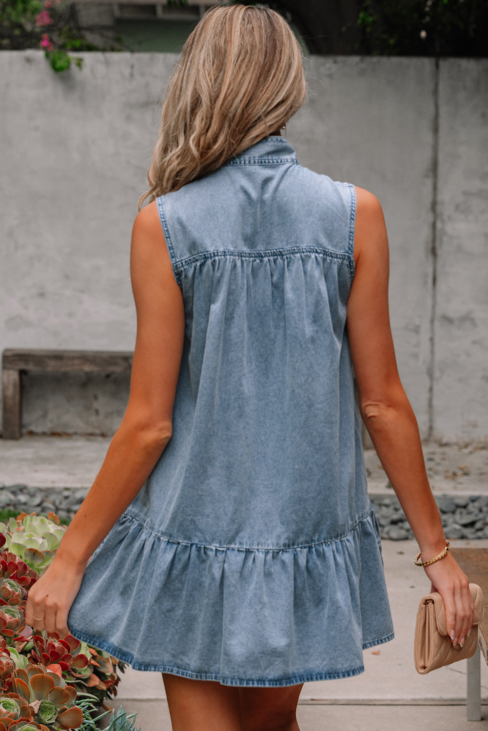 Chambray Bow Neck Sleeveless Ruffle Dress