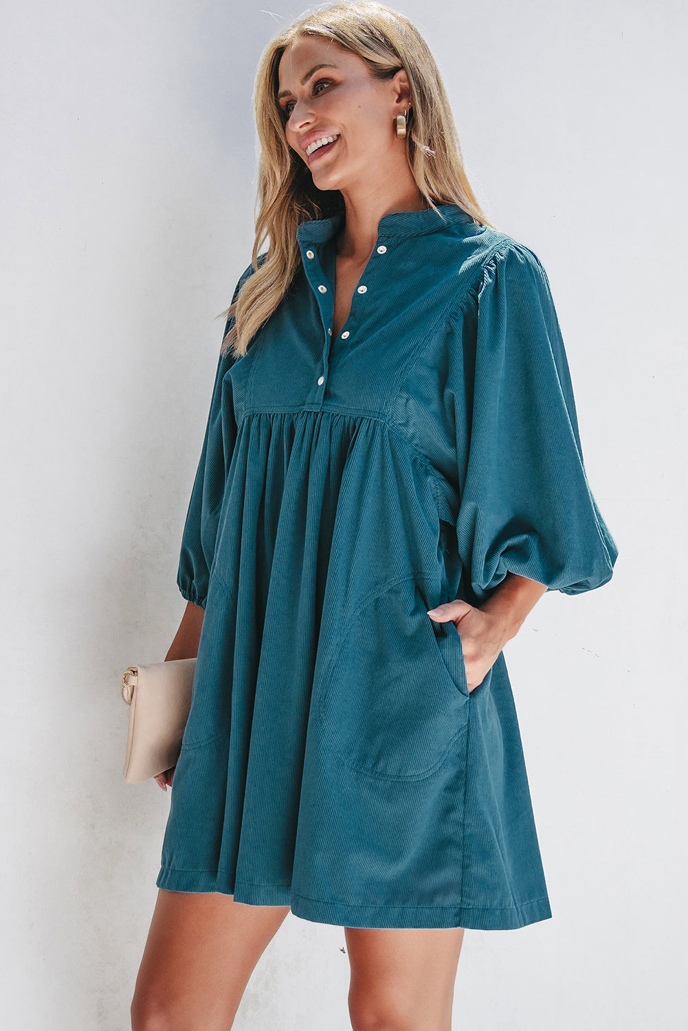 Solid Corduroy 3/4 Sleeve Snap Button Dress