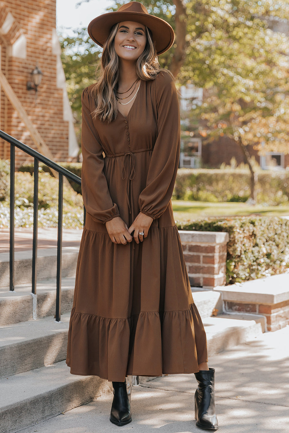 Solid Buttoned V-Neck Long Sleeve Tiered Maxi Dress