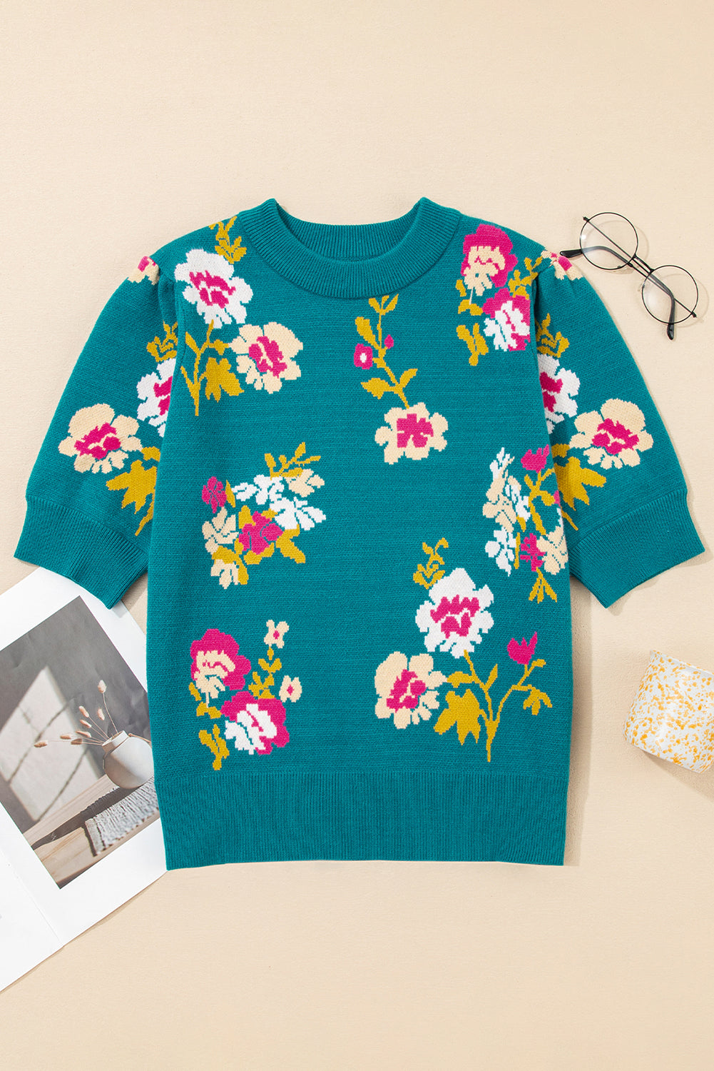 Floral Knit Crewneck Short Sleeve Top