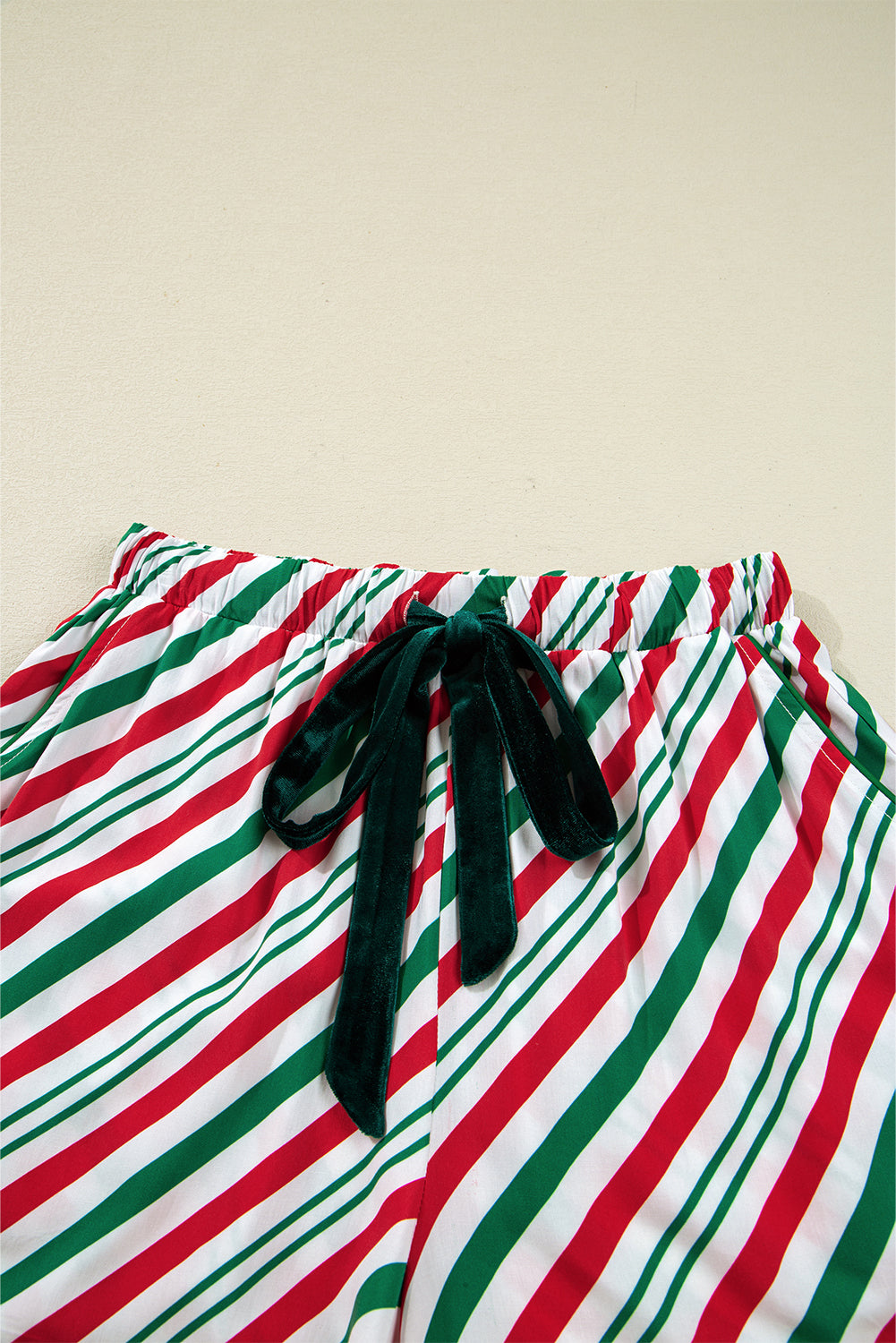 Christmas Stripe Velvet Bow Cuffs Pajama Set