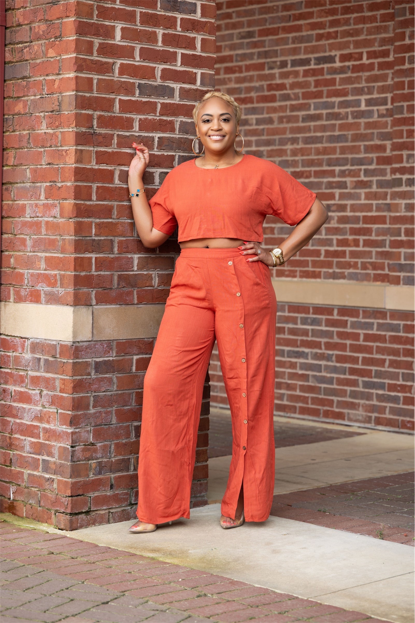 Brick & Button Crop Top & Pant Set