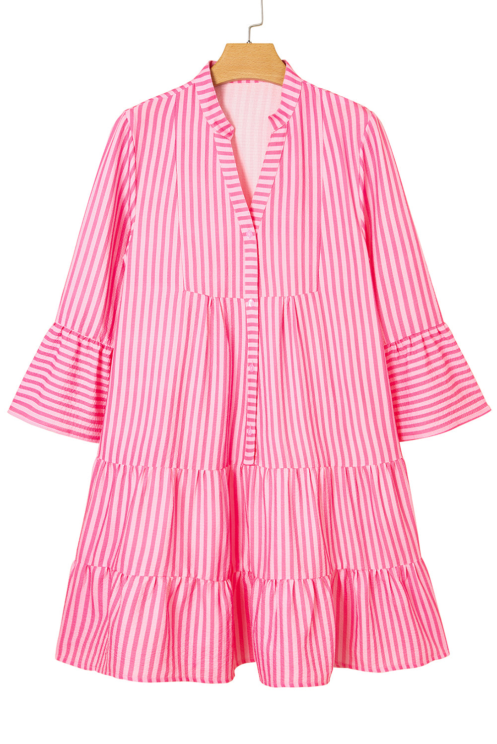 Stripe V-Neck Flare Sleeve Tiered Mini Dress