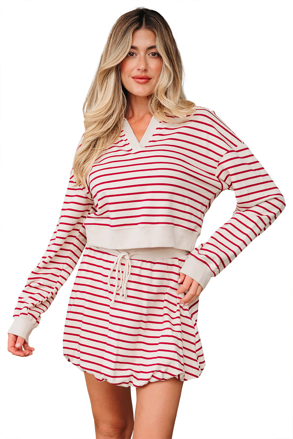 Stripe Cropped Pullover and Bubble Mini Skirt Set