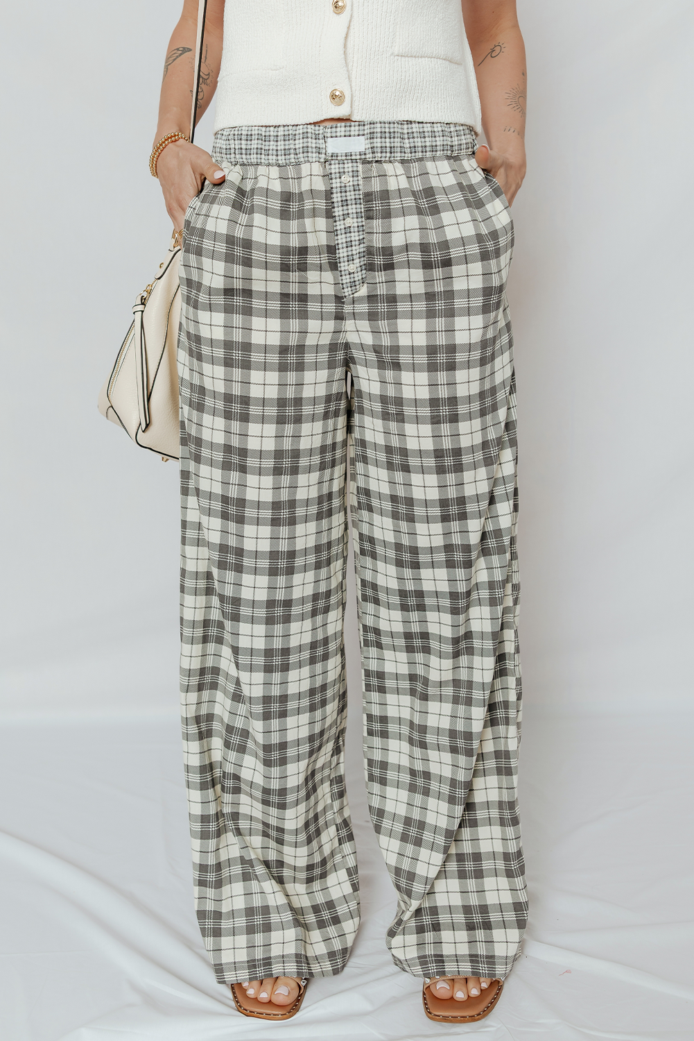 Plaid Patchwork Wide Leg Pants