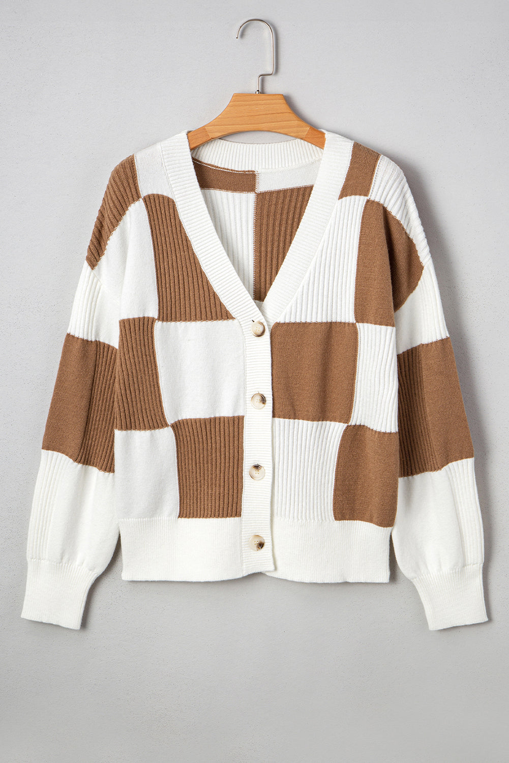 Checker Buttoned V-Neck Sweater Cardigan
