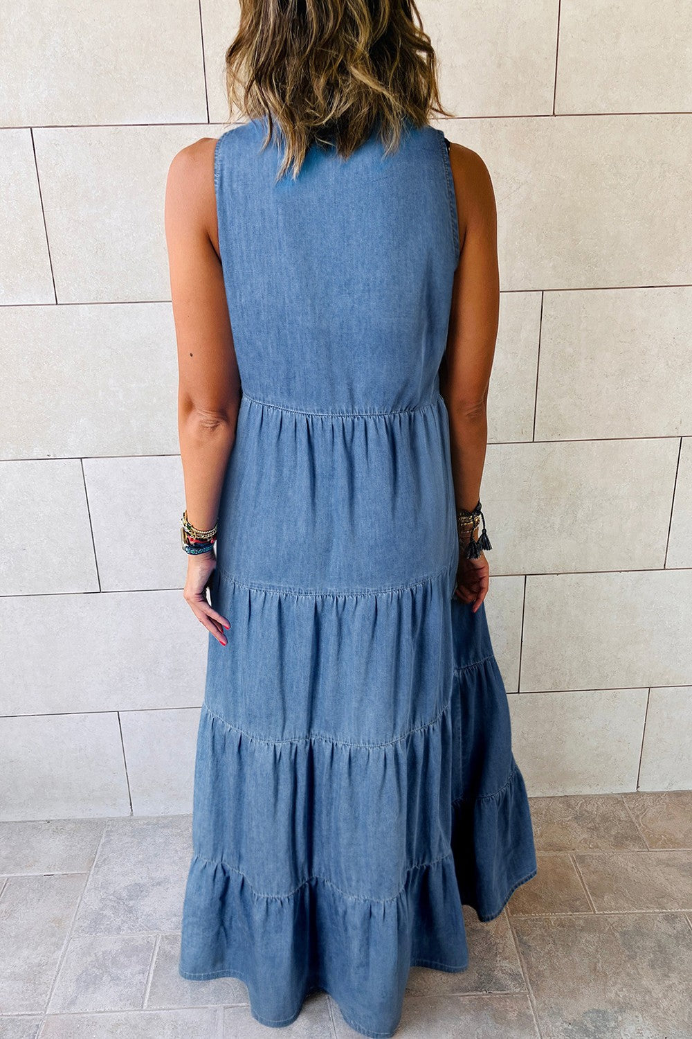 Tie Neck Tiered Maxi Denim Dress