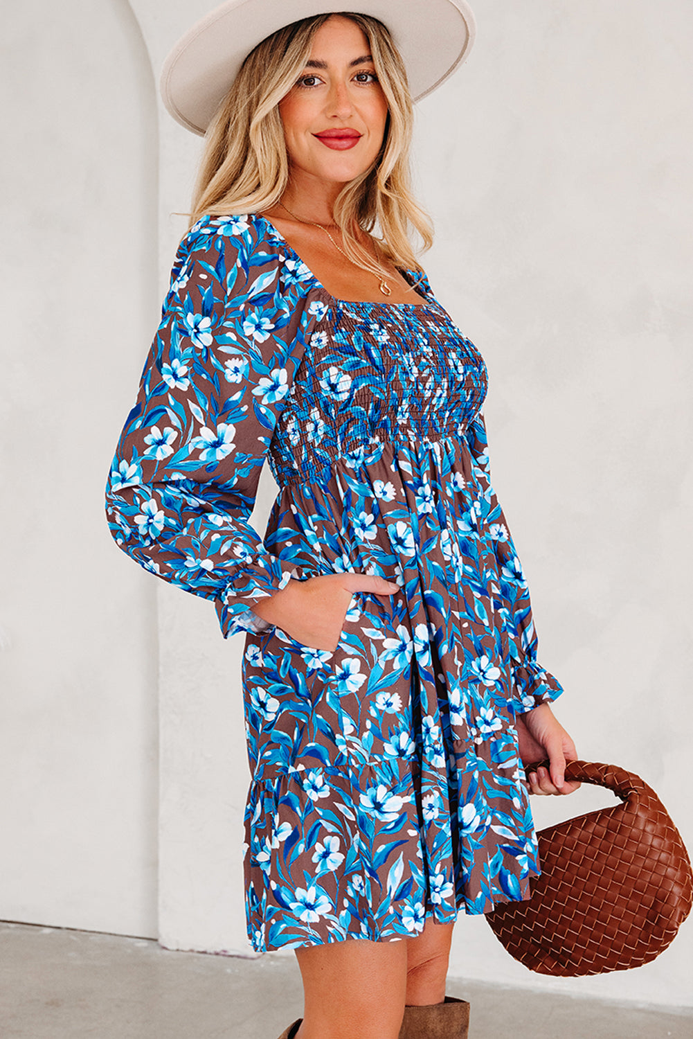 Floral Smocked Bodice Ruffle Sleeve Dress
