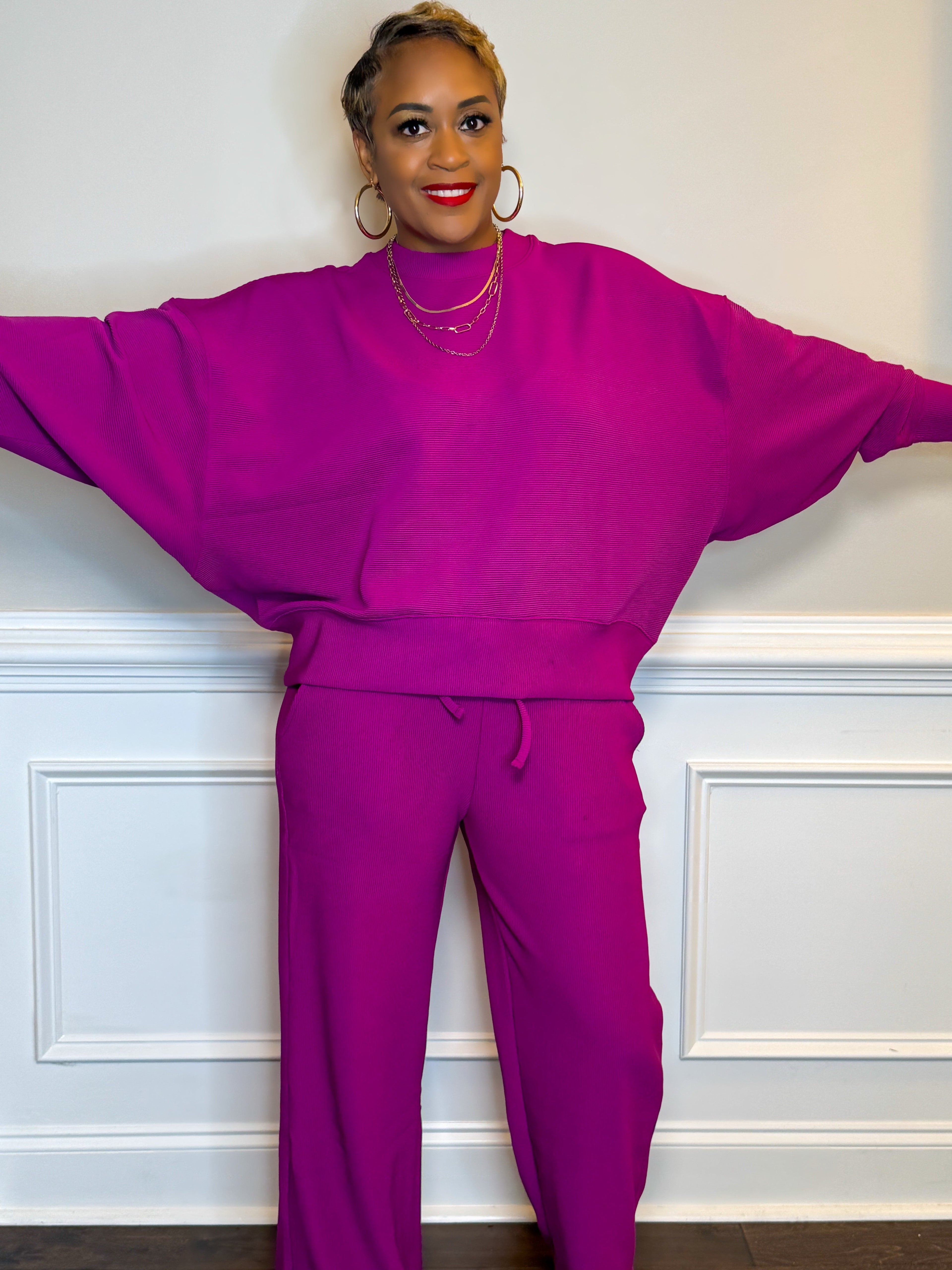 Light Plum Ribbed Lounge Set | Oversized Top & Wide Leg Pants