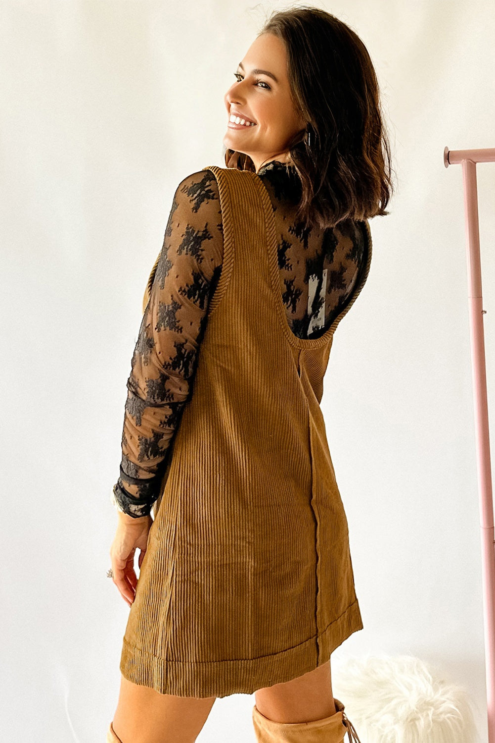 Solid Corduroy Sleeveless Pocketed Mini Dress