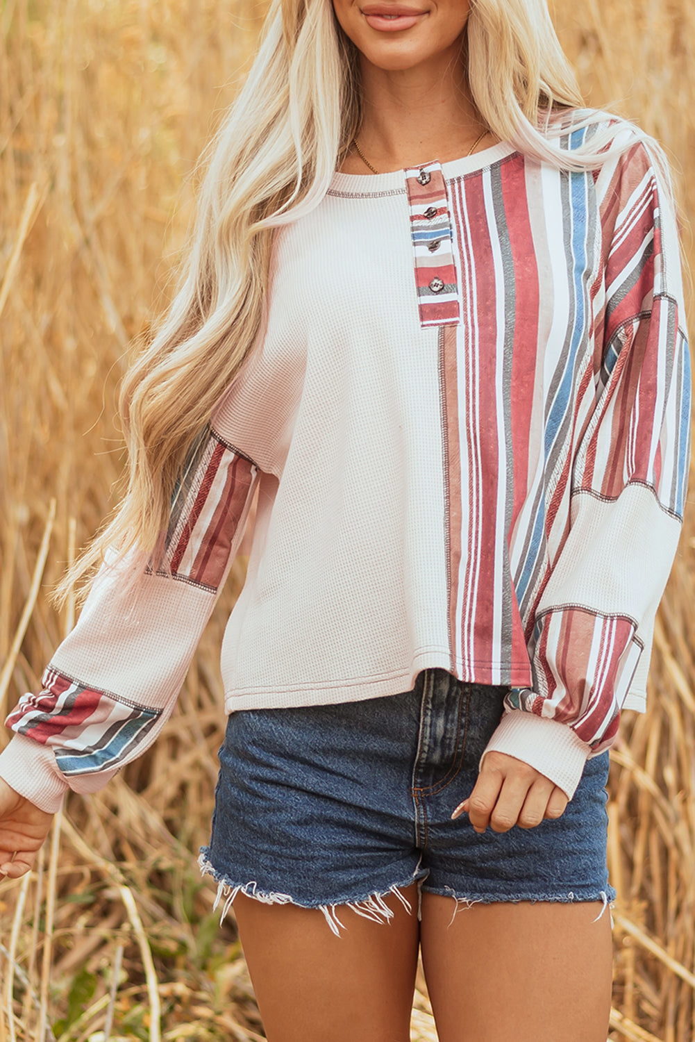 Stripe Waffle Knit Patchwork Raw Edge Henley Top