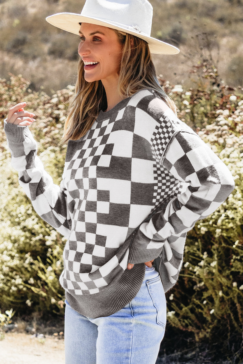 Checker Round Neck Drop Shoulder Sweater