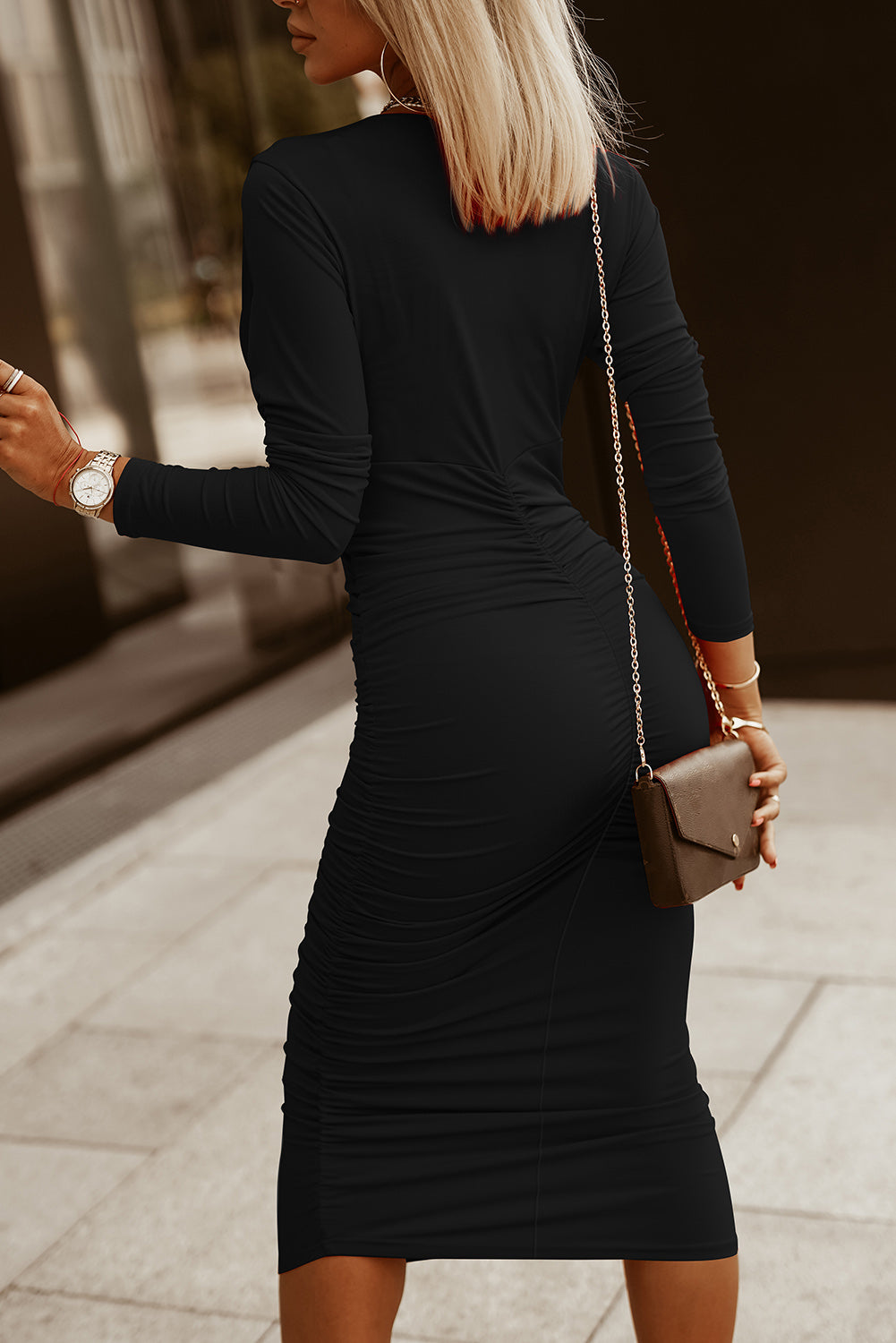 Solid Ruched Wrap V-Neck Midi Dress