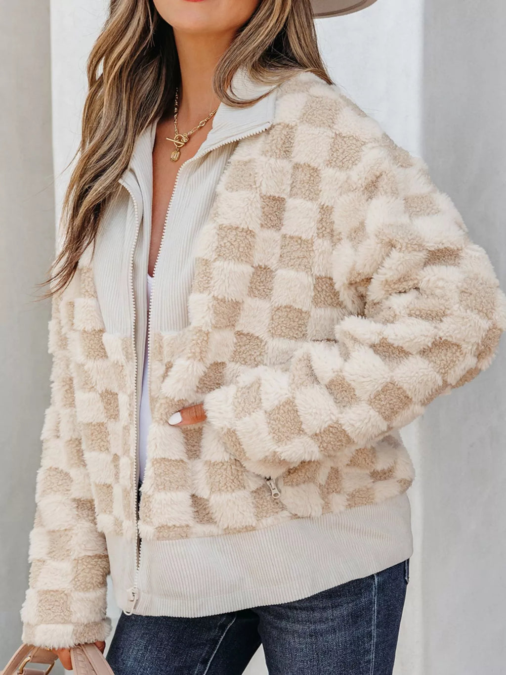 Checker Sherpa Corduroy Patchwork Zip Up Jacket