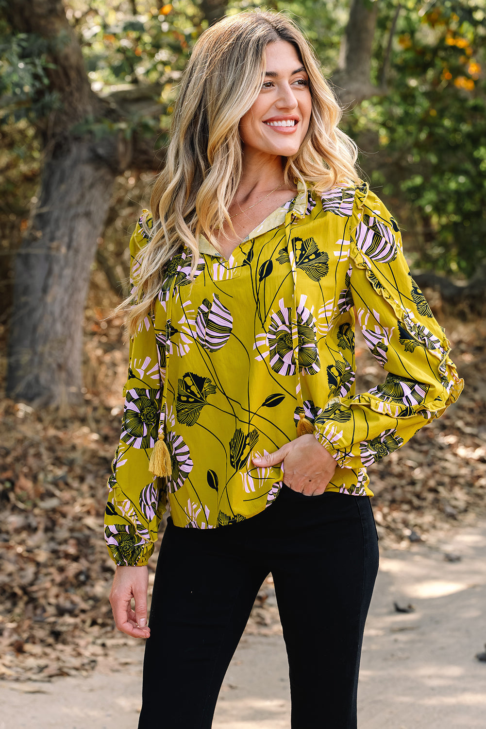 Floral V-Neck Ruffle Trim Long Sleeve Blouse