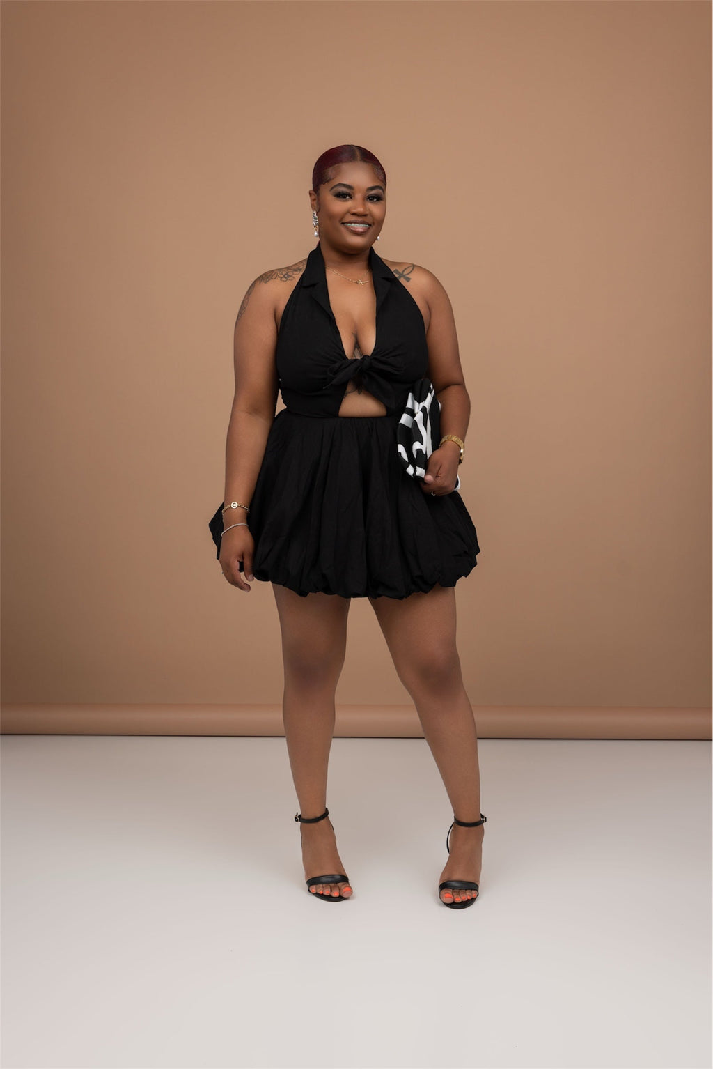 Black Bubble Hem Linen Halter Dress