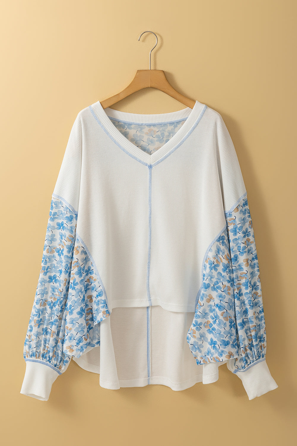 Floral Patchwork Batwing Sleeve V-Neck Blouse