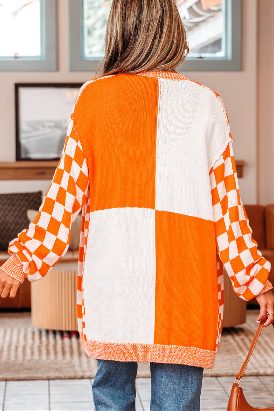 Checker Open Front Drop Shoulder Cardigan