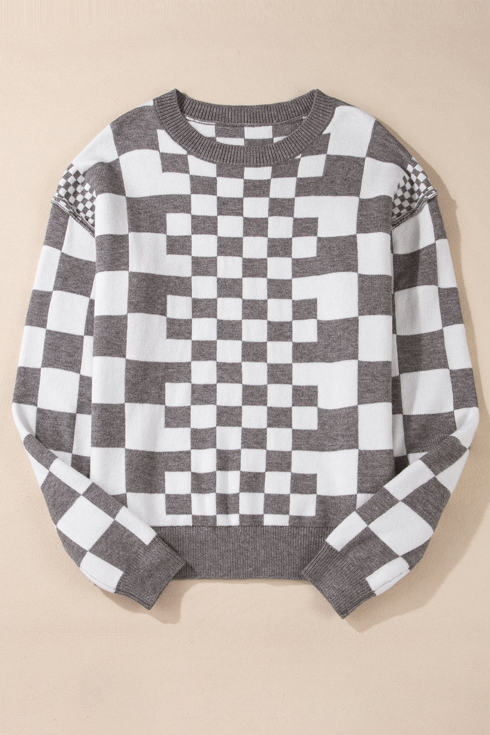 Checker Round Neck Drop Shoulder Sweater