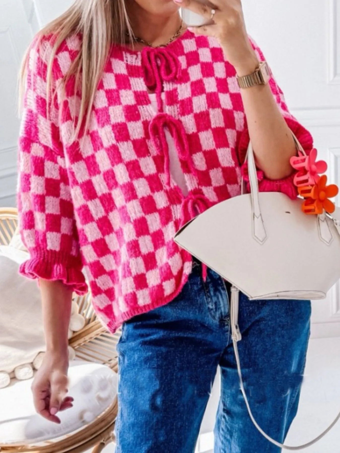 Checkered Tie-Front Knit Cardigan