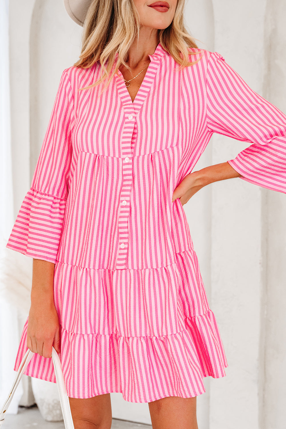 Stripe V-Neck Flare Sleeve Tiered Mini Dress