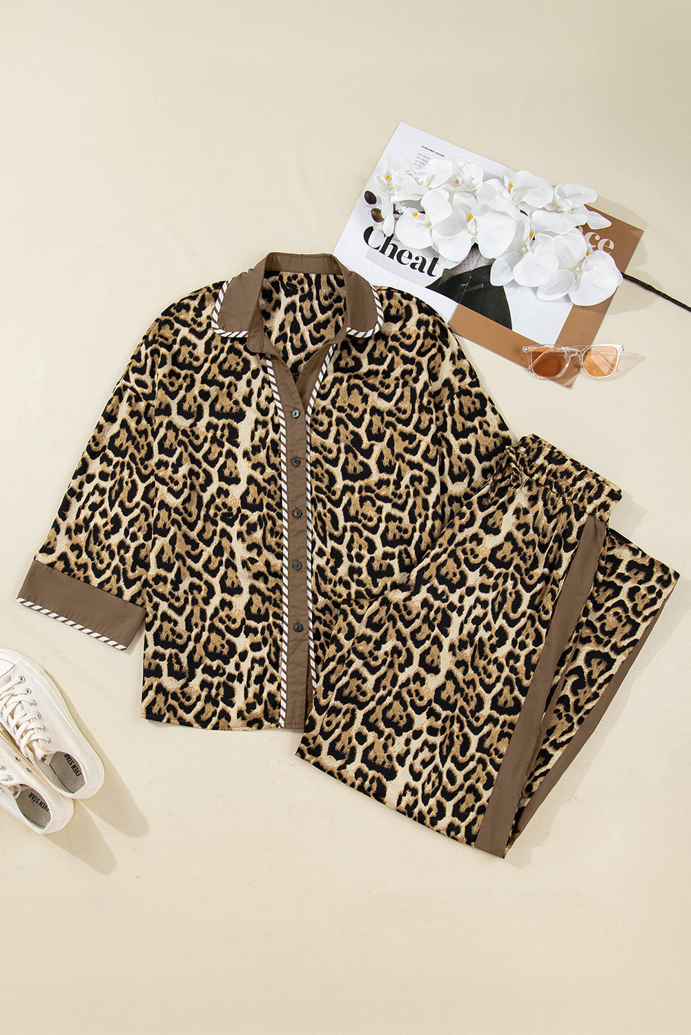Leopard Collared 3/4 Sleeve Shirt and Pants Set