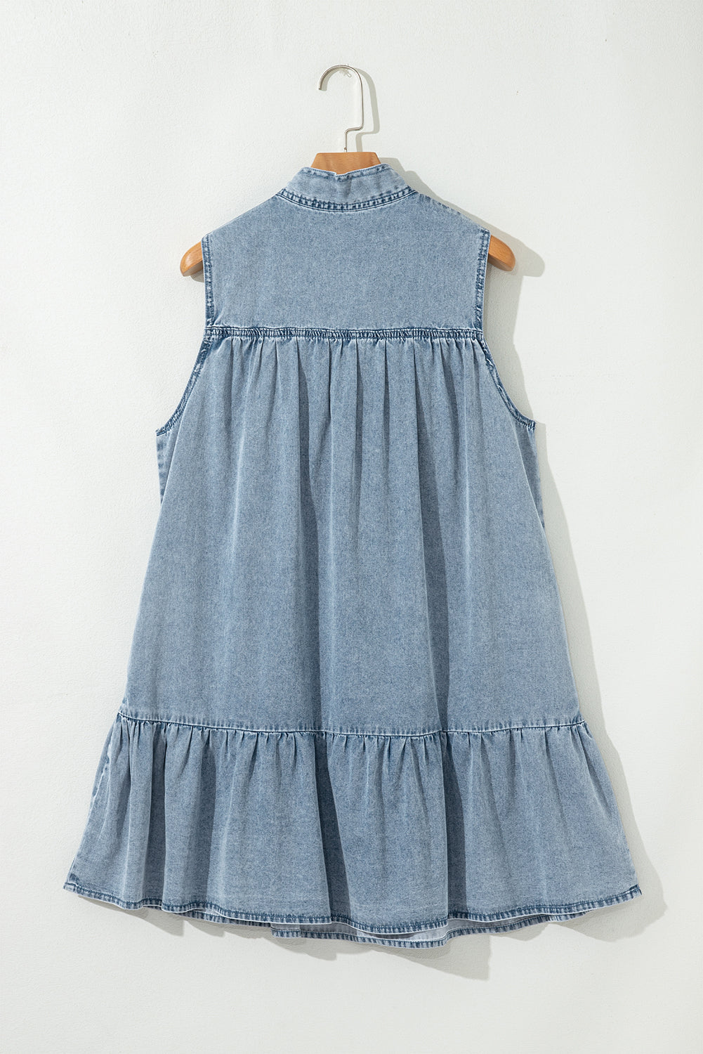 Chambray Bow Neck Sleeveless Ruffle Dress