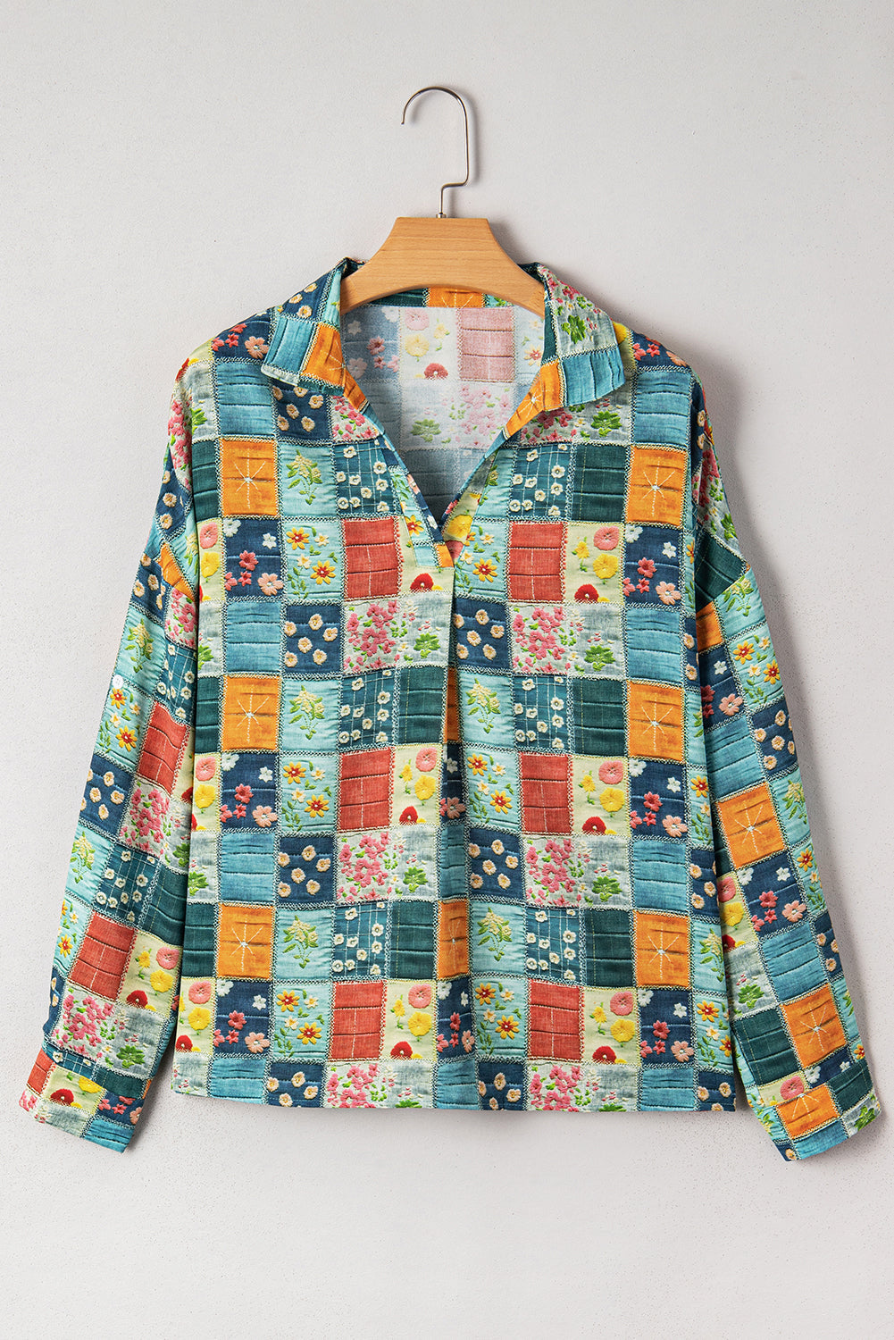 Floral Patchwork Long Sleeve Collared V-Neck Blouse