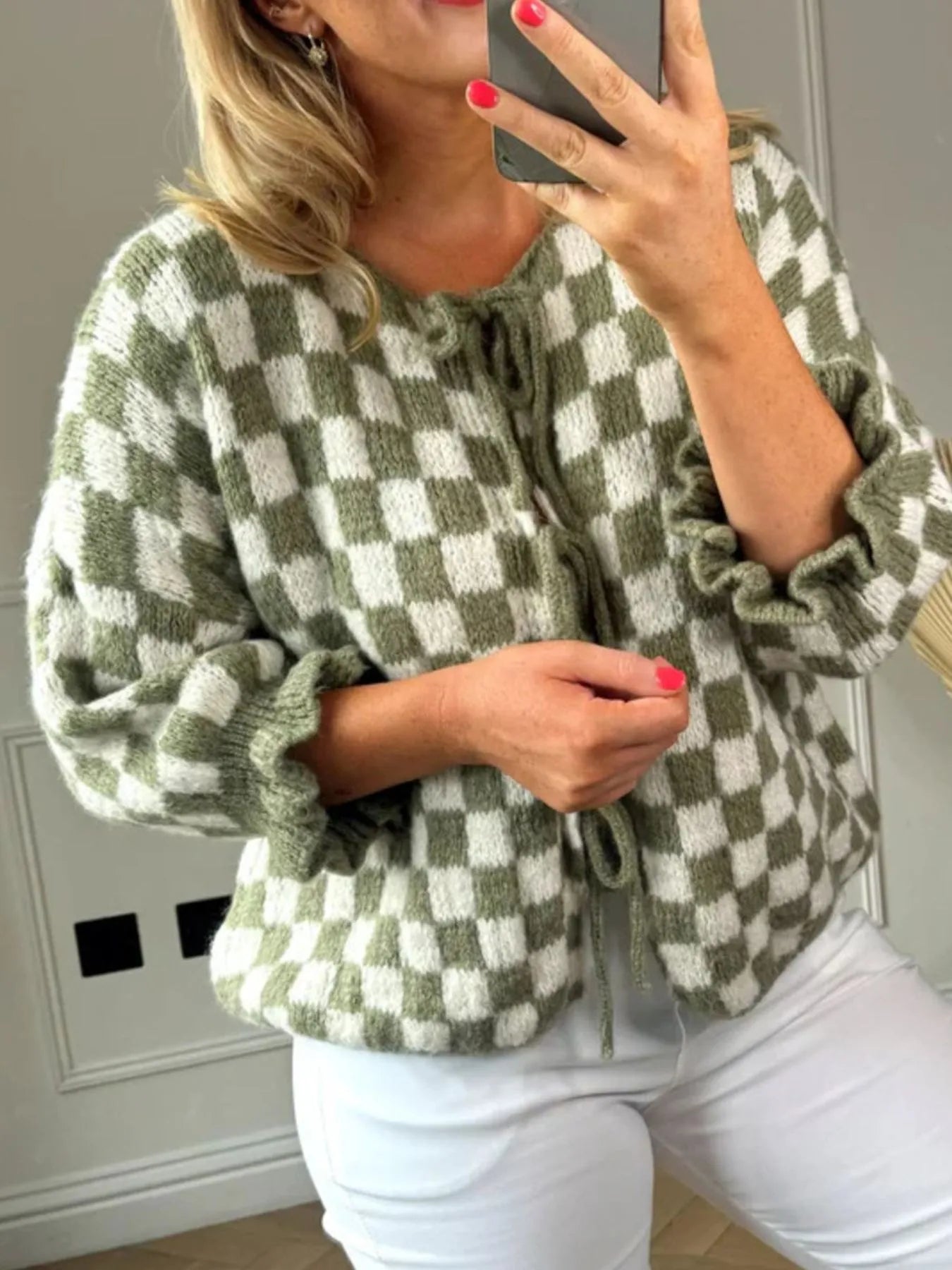 Checkered Tie-Front Knit Cardigan